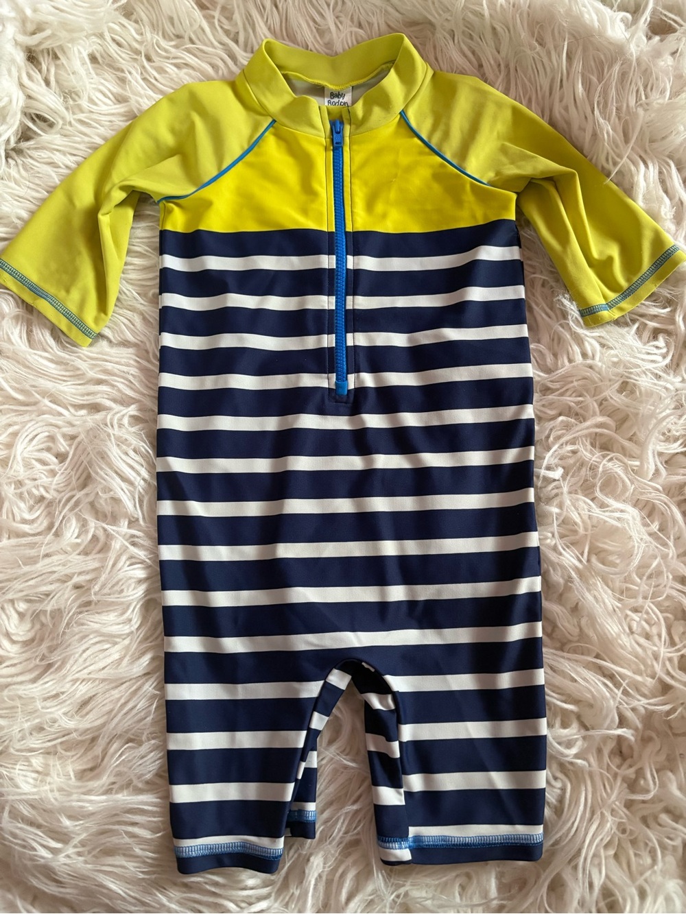 Baby Boden Navy & White Stripe Long-Sleeve Zip-Up Swimsuit 12-18M
